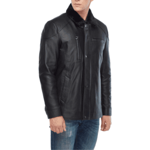 Men’s 100% Real Black Leather Shearling Collar Jacket Left Side