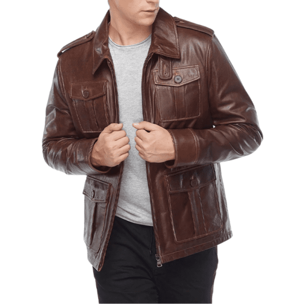 jamie Campbell Bower Men’s Brown Trucker Style Leather Jacket Front Unzipped Side