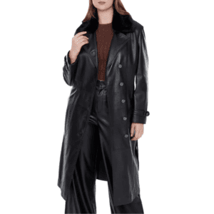 Brenda Women’s Black Leather Fur Collar Buttoned Trench Coat Front Unzipped Side