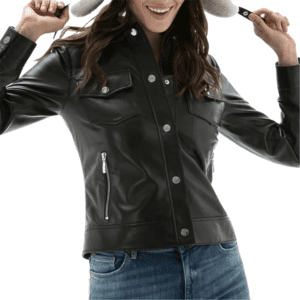 Mayfair Women’s Black Leather Shirt Style Jacket Front Side