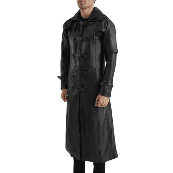 Huntsman Black Hooded Leather Trench Coat Right Side