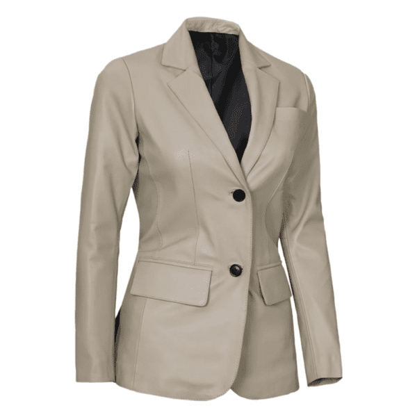 Beige Womens Real Leather Blazer Jacket Left Side