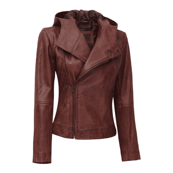 Womens Asymmetrical Motorcycle Leather Jacket with Hood LEFT Side