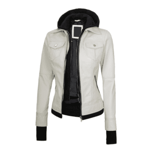 Tralee Womens Bomber Off White Real Leather Jacket with Hood Left Side