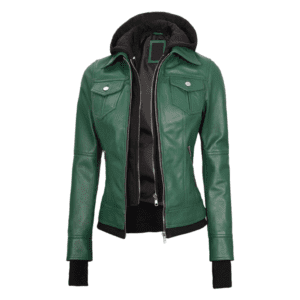 Tralee Womens Green Real Leather Jacket with Hood Front Side