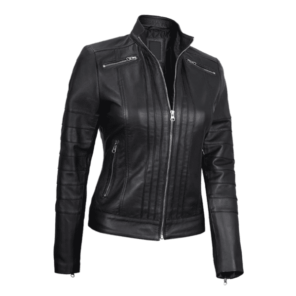 Womens Black Real Leather Cafe Racer Jacket with Decorated Seams Left Side