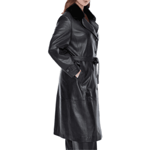 Brenda Women’s Black Leather Fur Collar Buttoned Trench Coat Right Side