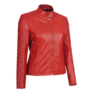 Women Red Quilted Cafe Racer Leather Jacket Left Hand Side