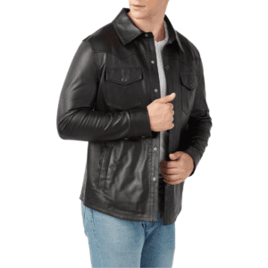 Guido Men’s Real Black Leather Trucker Jacket Left Hand Side