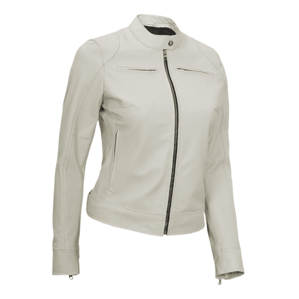 White Leather Motorcycle Cafe Racer Jacket for Women Left Hand Side