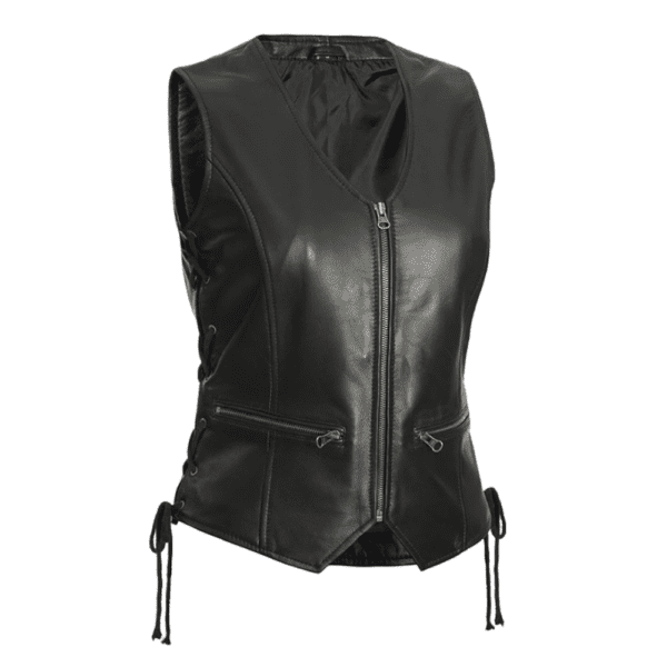 Womens Black Motorcycle Leather Vest Left Side