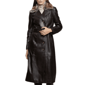 Women’s Black Leather Fur Collar Trench Extra Long Coat Front Side