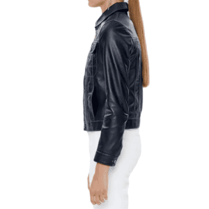 Women’s Navy-Blue Leather Edgy Stylish Jacket Shoulder Side