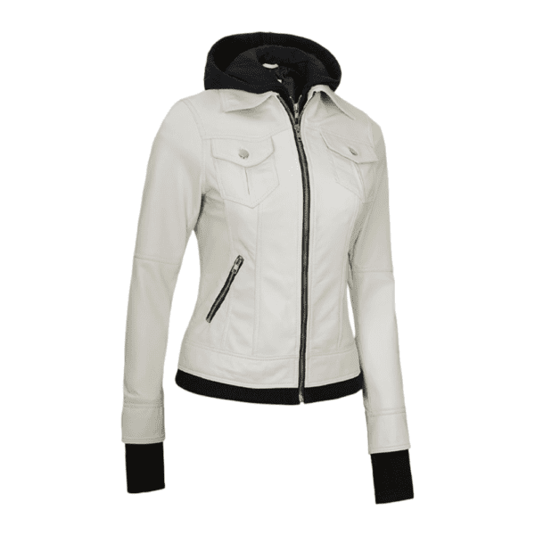 Tralee Womens Bomber Off White Real Leather Jacket with Hood Right Side