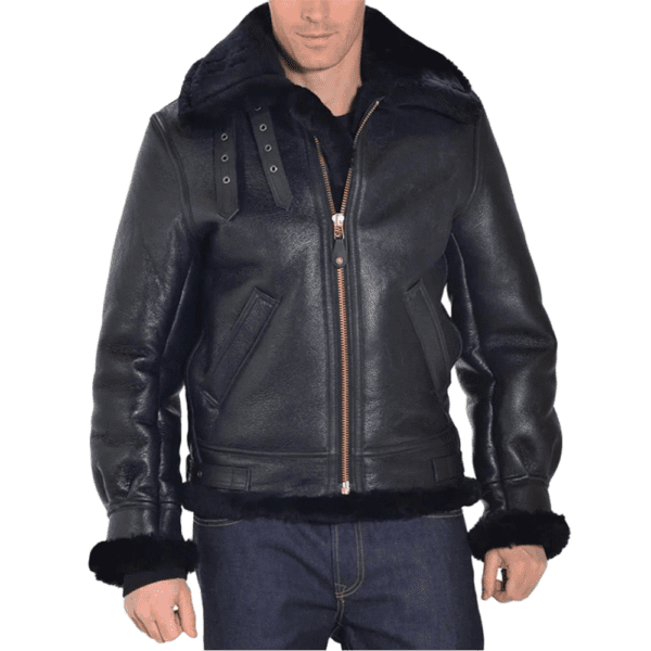 Classic B-3 Sheepskin Black Leather Bomber Jacket Front Side