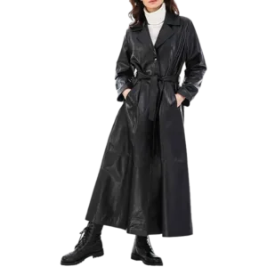 Alisa Women’s Black Leather Trench Coat Front Side