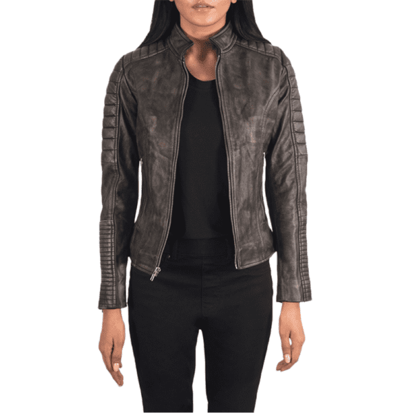 Adalyn Quilted Distressed Brown Leather Biker Jacket Front Side