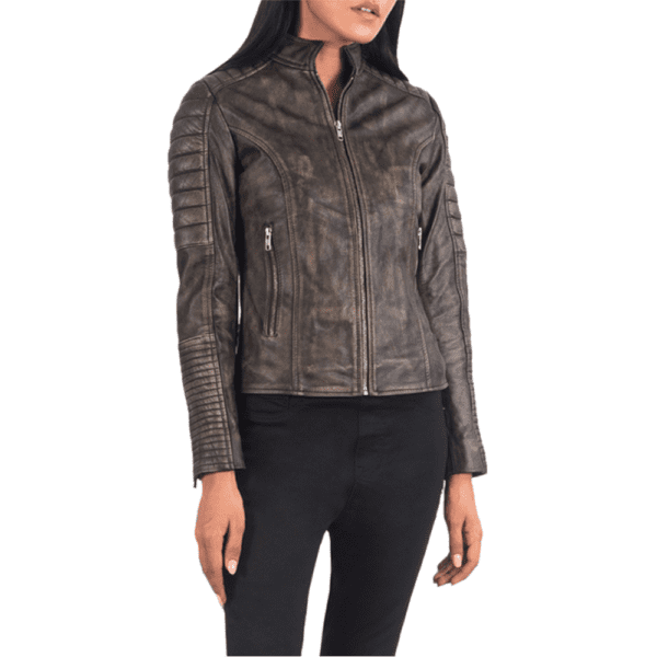 Adalyn Quilted Distressed Brown Leather Biker Jacket Front Side