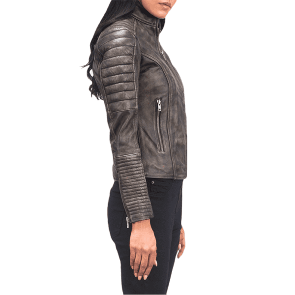 Adalyn Quilted Distressed Brown Leather Biker Jacket Left Side