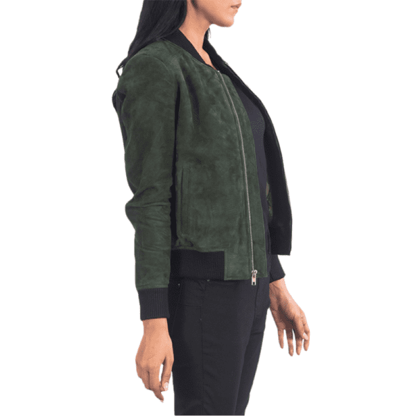 Bliss Green Suede Bomber Jacket Left side