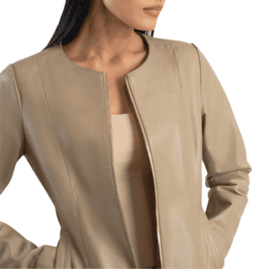 Elixir Beige Collarless Leather Jacket Front Side