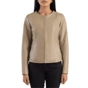 Elixir Beige Collarless Leather Jacket Front Side