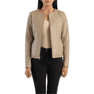 Elixir Beige Collarless Leather Jacket Front Side