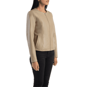 Elixir Beige Collarless Leather Jacket Left Side