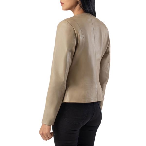 Elixir Beige Collarless Leather Jacket Back Side