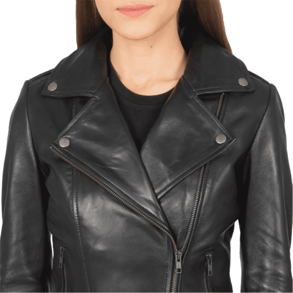 Flashback Black Leather Biker Jacket Colar Side