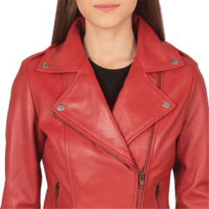 Flashback Red Leather Biker Jacket Colar Side