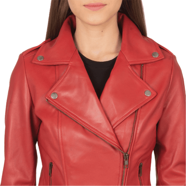 Flashback Red Leather Biker Jacket Colar Side