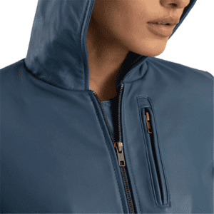 Luna Blue Hooded Leather Bomber Jacket Cap Side