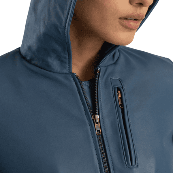 Luna Blue Hooded Leather Bomber Jacket Cap Side