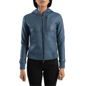 Luna Blue Hooded Leather Bomber Jacket Front Side