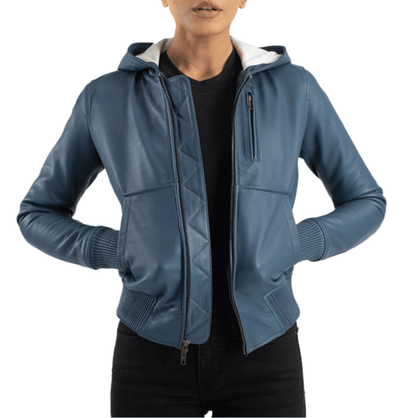 Luna Blue Hooded Leather Bomber Jacket Front Side