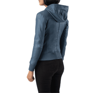 Luna Blue Hooded Leather Bomber Jacket Back Side