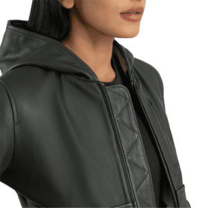 Luna Green Hooded Leather Bomber Jacket Front Side