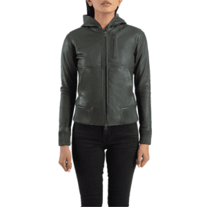 Luna Green Hooded Leather Bomber Jacket Front Side