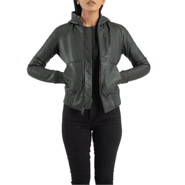 Luna Green Hooded Leather Bomber Jacket Front Side