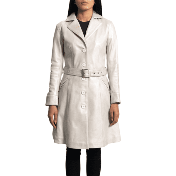 Moonlight Silver Leather Trench Coat Front Side