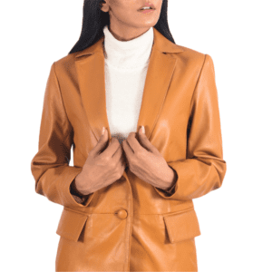 Marilyn Tan Brown Leather Blazer Front Side