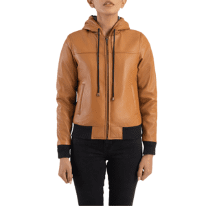 Rebella Brown Hooded Leather Bomber Jacket Front Side