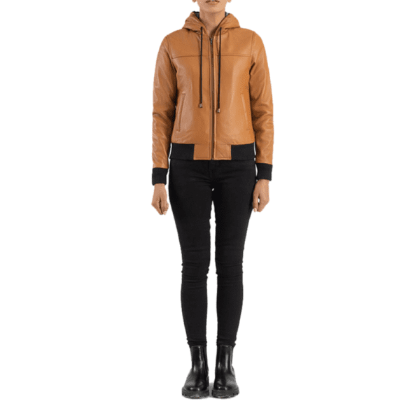 Rebella Brown Hooded Leather Bomber Jacket Front Side