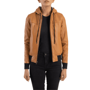 Rebella Brown Hooded Leather Bomber Jacket Front Side