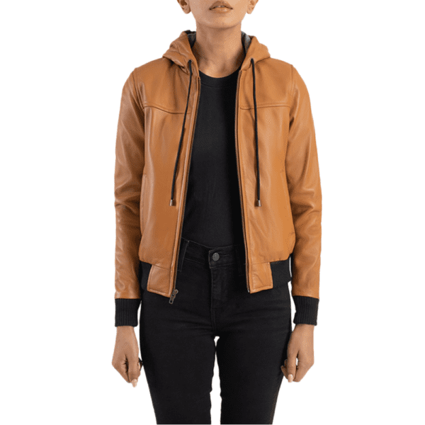 Rebella Brown Hooded Leather Bomber Jacket Front Side