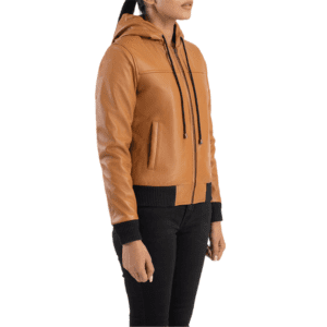 Rebella Brown Hooded Leather Bomber Jacket Left Side