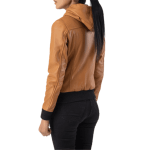 Rebella Brown Hooded Leather Bomber Jacket Back Side