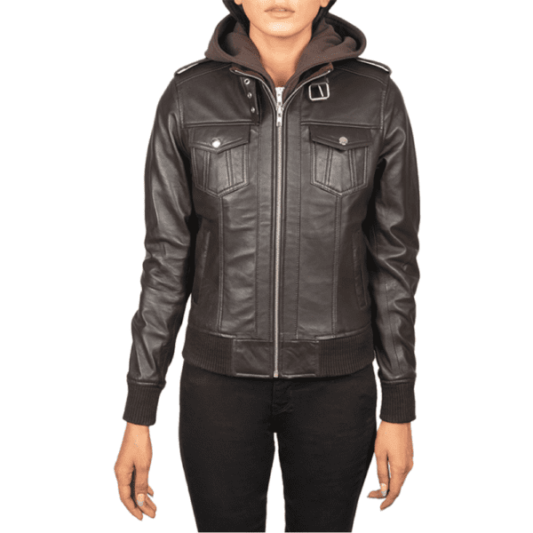 Roslyn Brown Hooded Leather Bomber Jacket Front Side