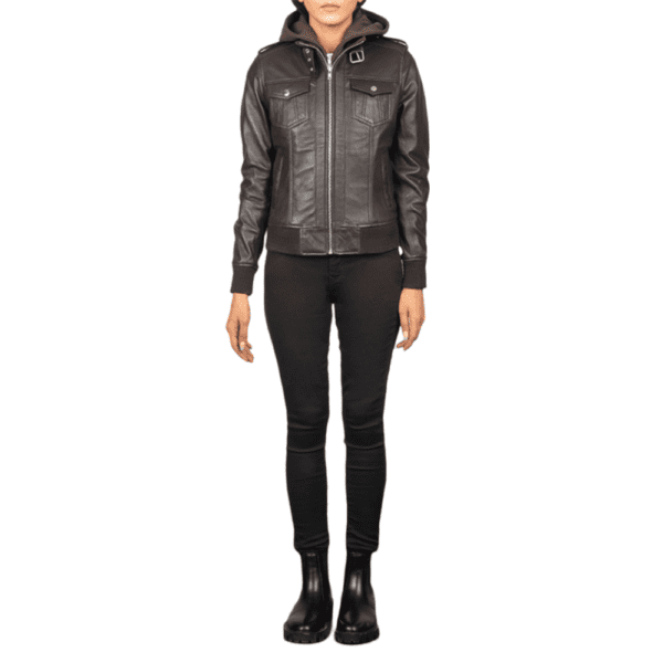 Roslyn Brown Hooded Leather Bomber Jacket Front Side